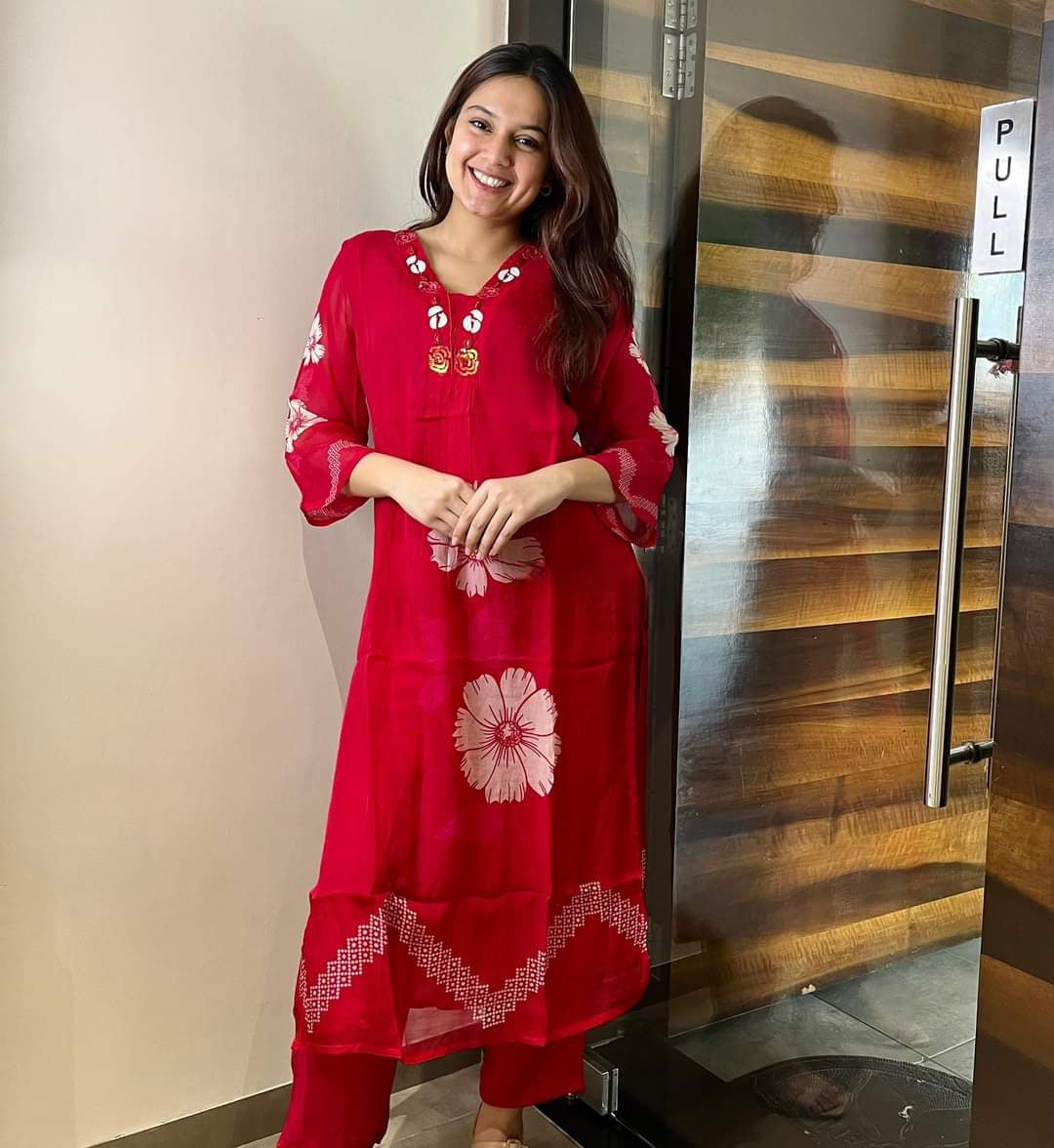 Red Floral Sequin Work Cotton Suit Set
