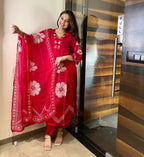 Red Floral Sequin Work Cotton Suit Set