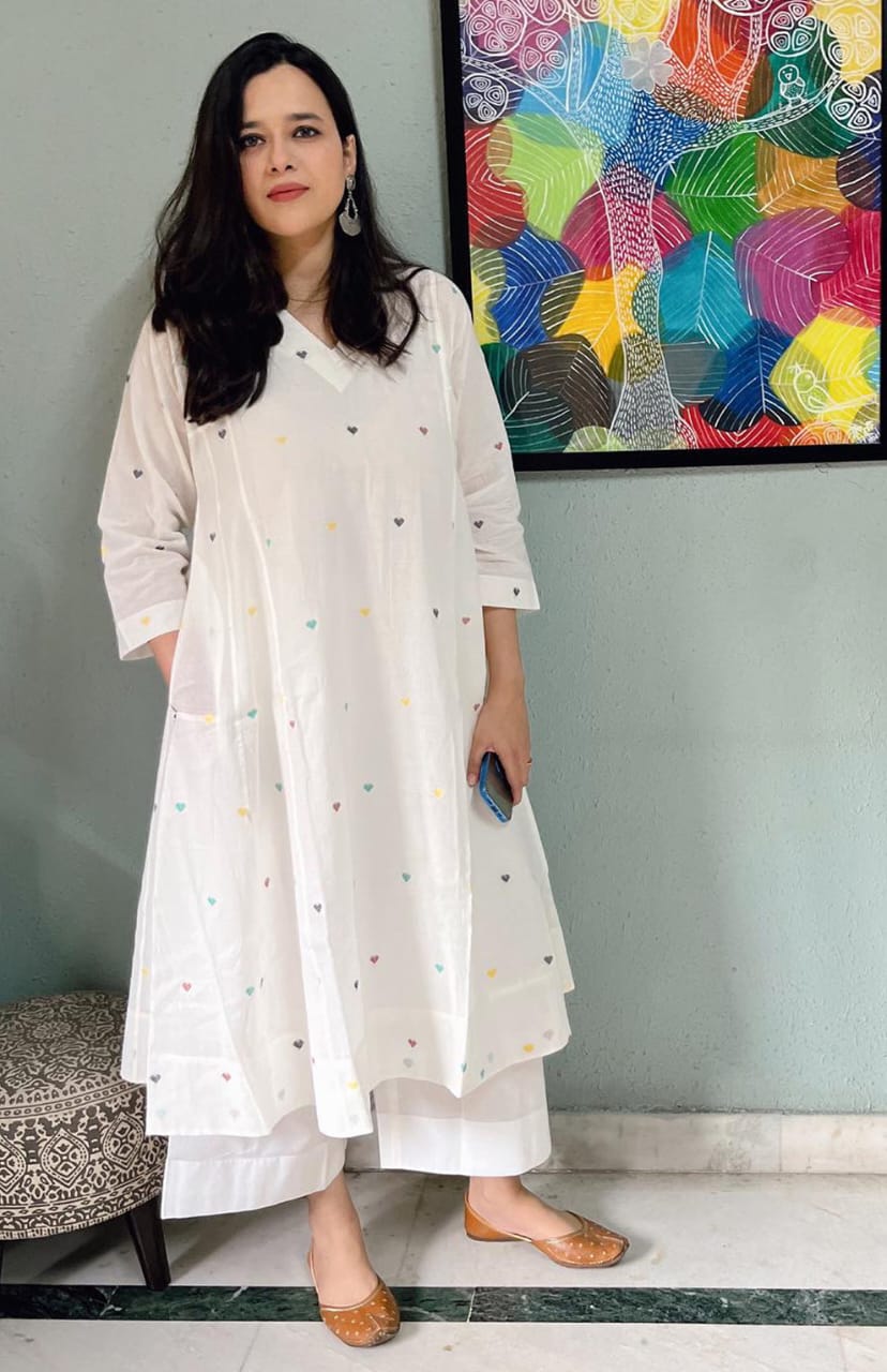 White Heart Printed Cotton Kurta Set