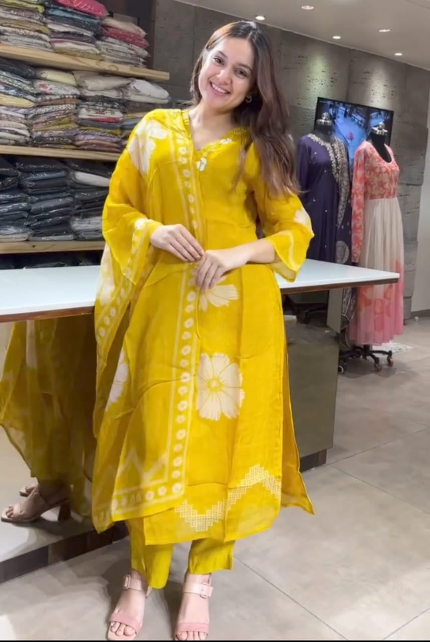 Yellow Floral Sequin Work Cotton Suit Set Secondary image