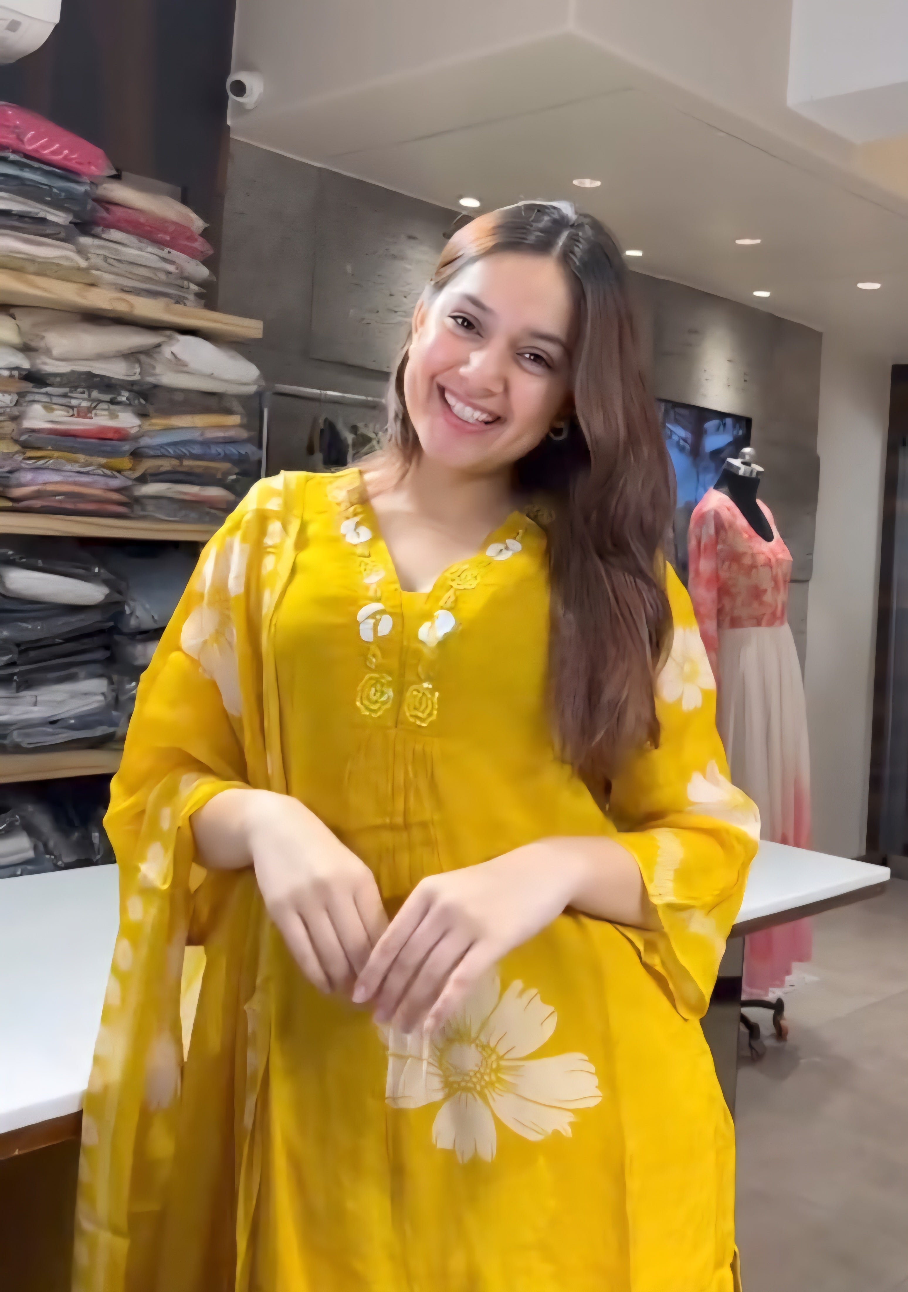 Yellow Floral Sequin Work Cotton Suit Set Main image