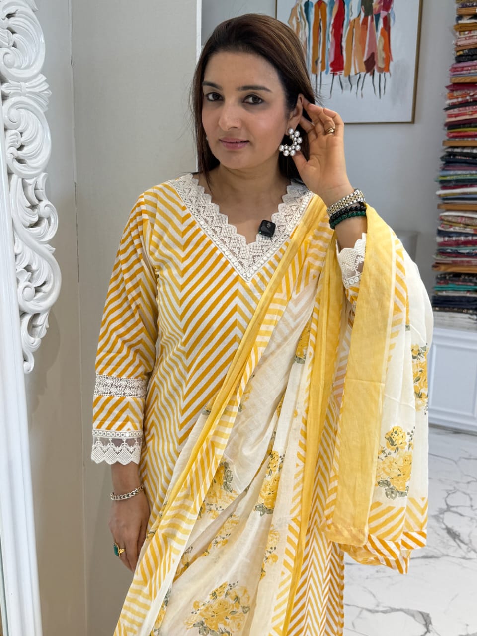 Yellow Leheriya Floral Embroidered Cotton Suit Set Secondary image