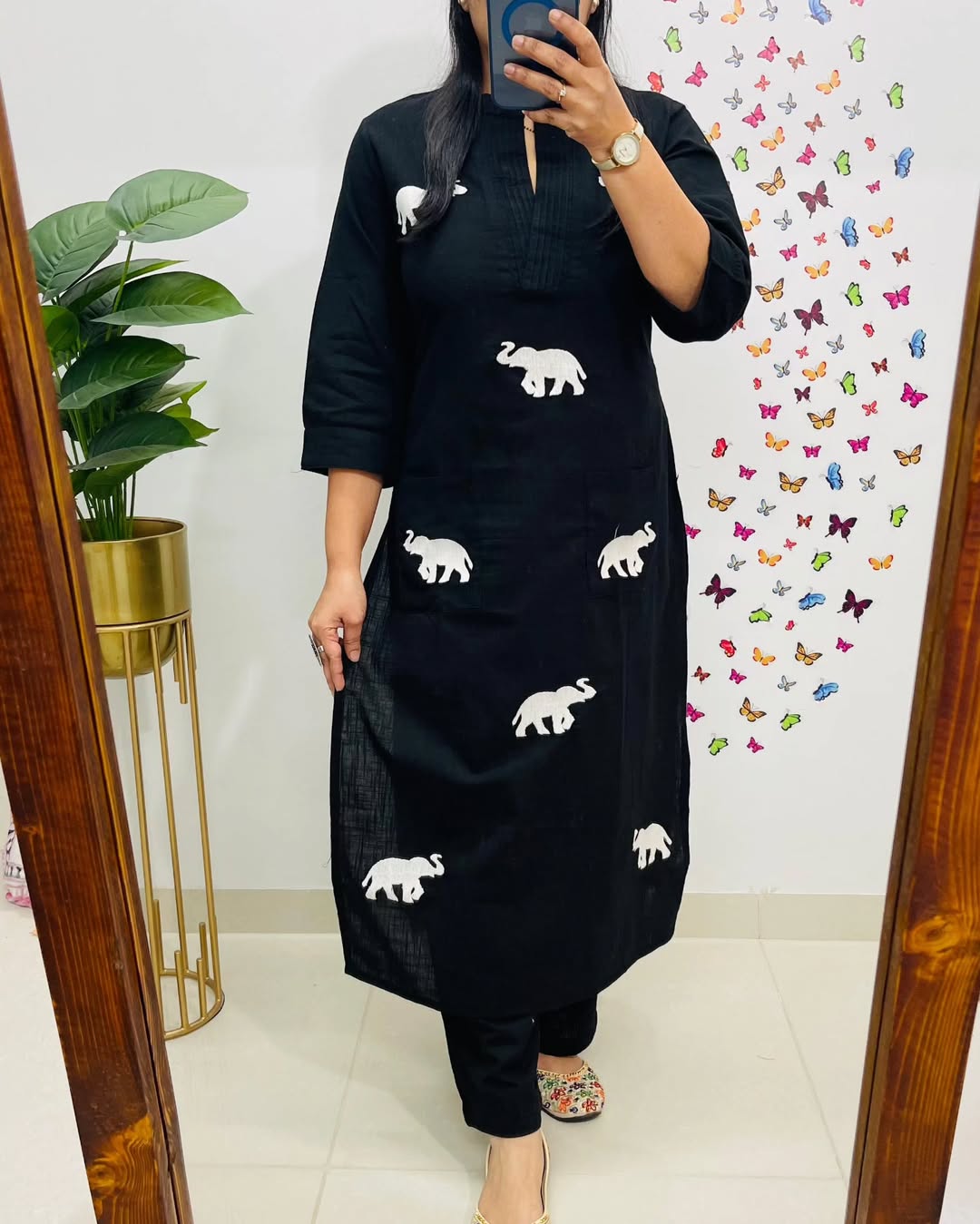 Black Elephant Embroidered Cotton Kurta Set Secondary image