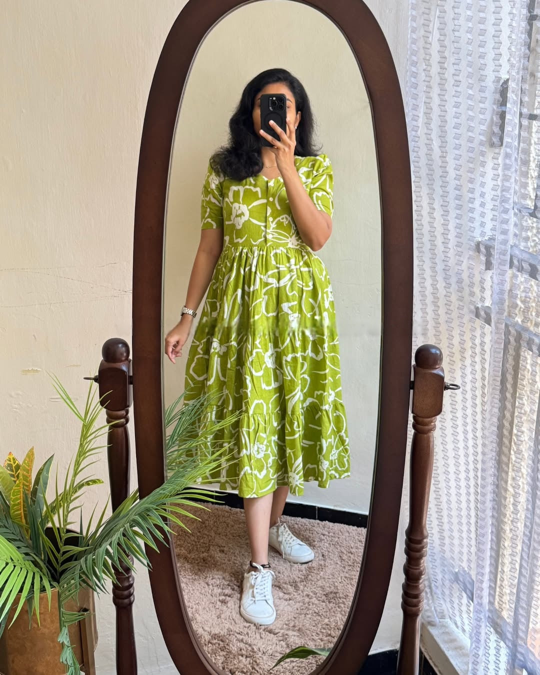 Green Floral Printed Cotton Dress Main image