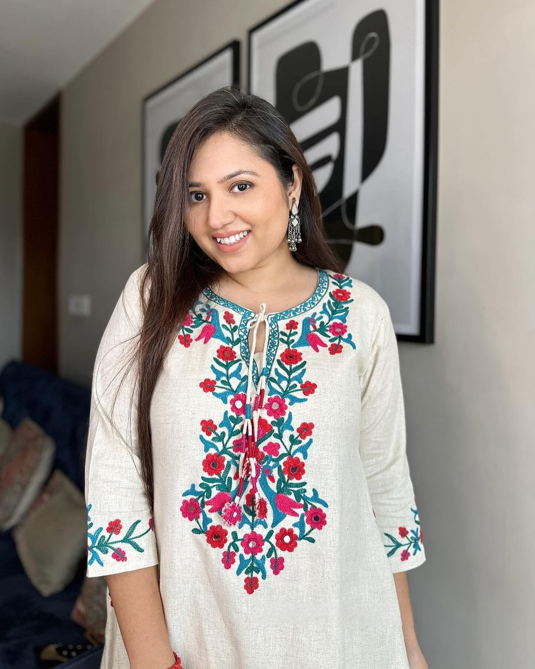 Off White Floral Embroidered Khadi Cotton Kurta Set