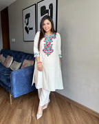 Off White Floral Embroidered Khadi Cotton Kurta Set