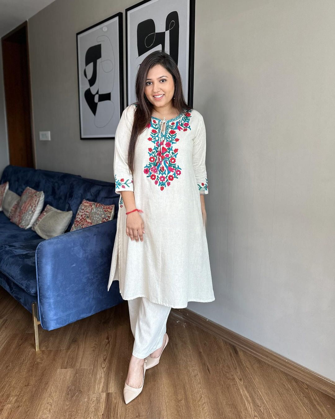 Off White Floral Embroidered Khadi Cotton Kurta Set