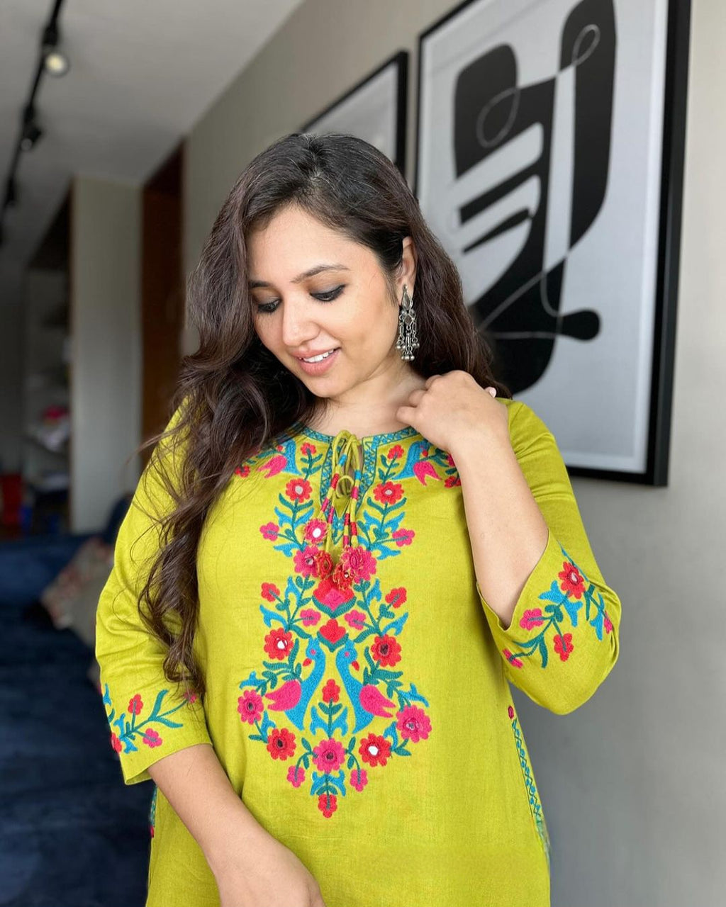 Lime Yellow Floral Embroidered Khadi Cotton Kurta Set