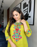 Lime Yellow Floral Embroidered Khadi Cotton Kurta Set