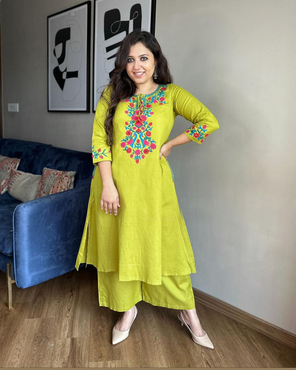 Lime Yellow Floral Embroidered Khadi Cotton Kurta Set
