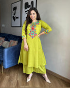 Lime Yellow Floral Embroidered Khadi Cotton Kurta Set