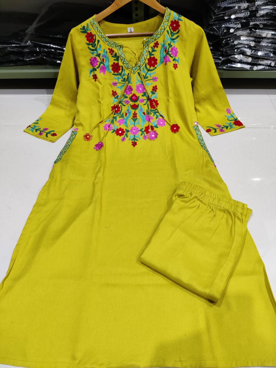 Lime Yellow Floral Embroidered Khadi Cotton Kurta Set