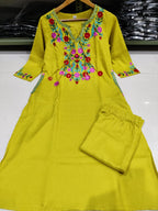 Lime Yellow Floral Embroidered Khadi Cotton Kurta Set