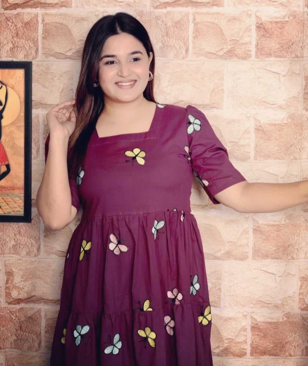 Purple Butterfly Embroidered Cotton Dress Secondary image
