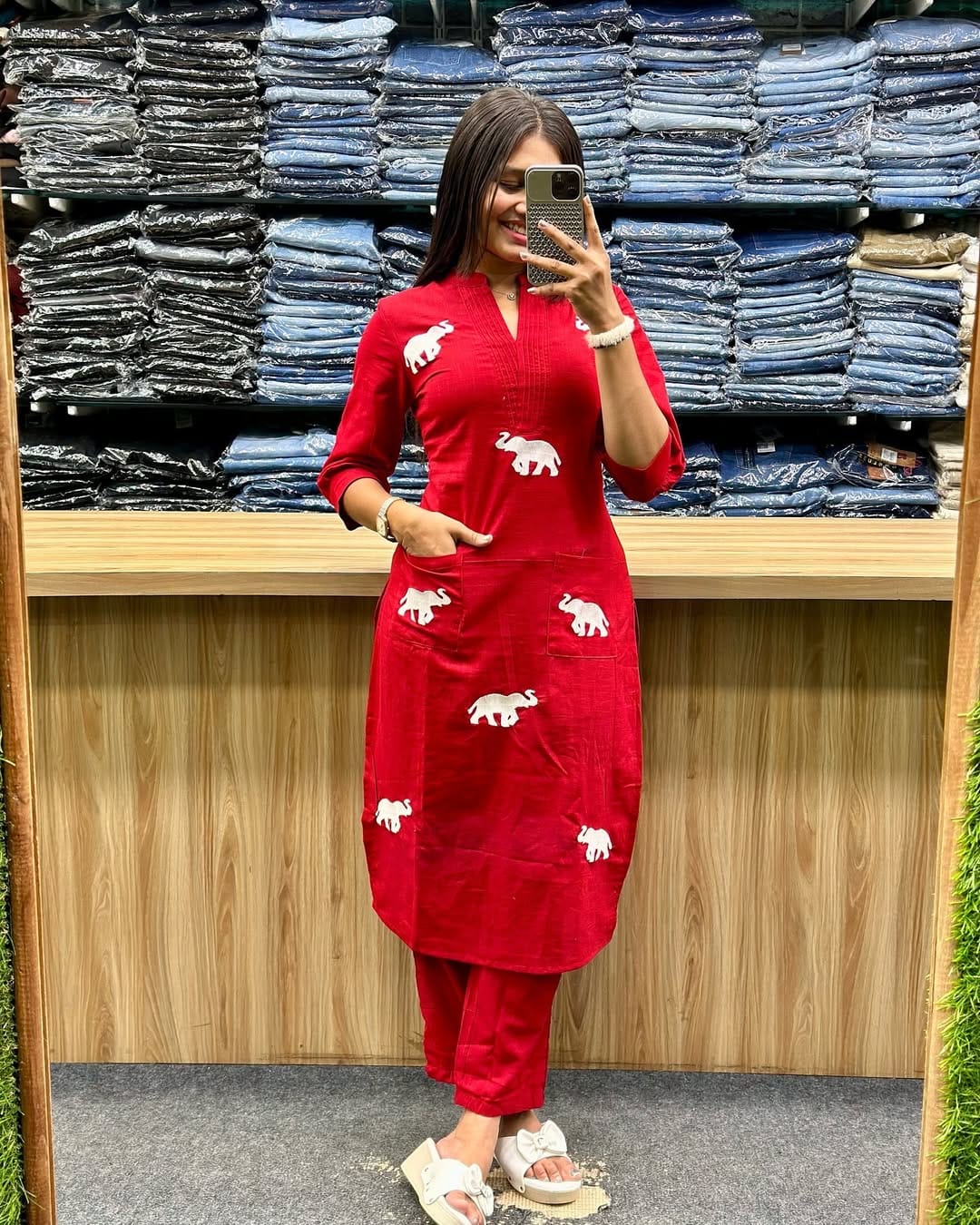 Red Elephant Embroidered Cotton Kurta Set Secondary image