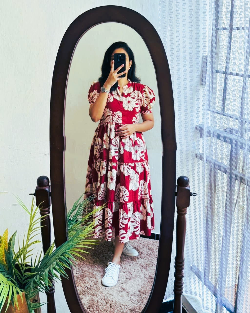 Red Hibiscus Floral Printed Cotton Dress Secondary image