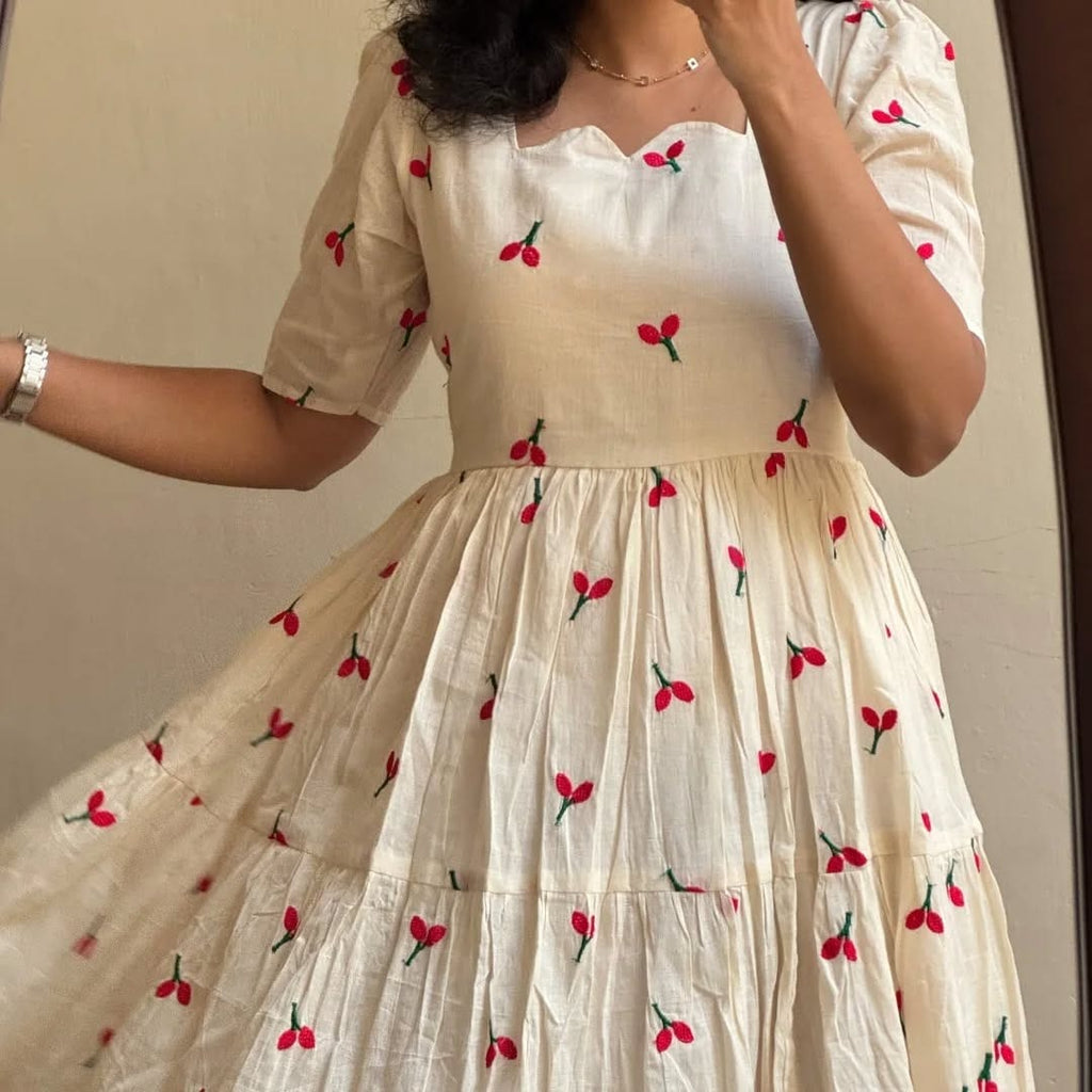 White Cherry Embroidered Cotton Dress Taraash By Briha White Cherry Embroidered Cotton Dress Taraash By Briha