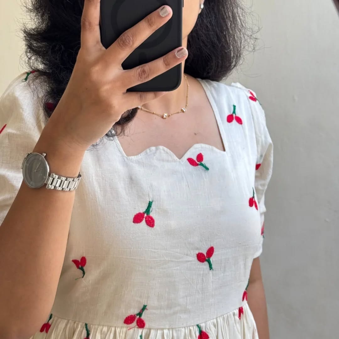 White Cherry Embroidered Cotton Dress