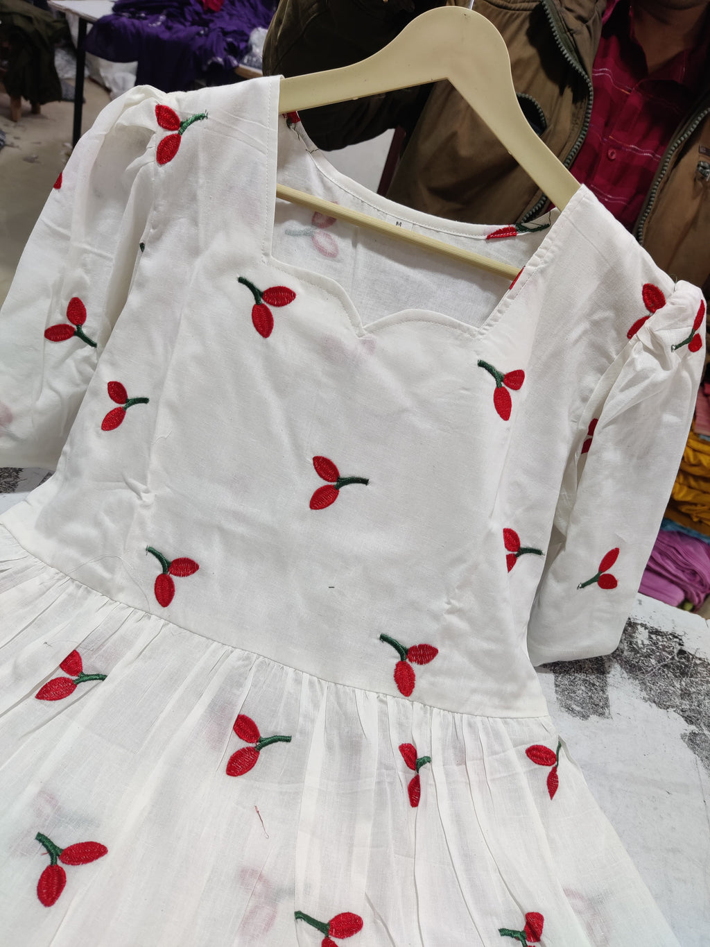 White Cherry Embroidered Cotton Dress