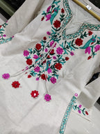 Off White Floral Embroidered Khadi Cotton Kurta Set