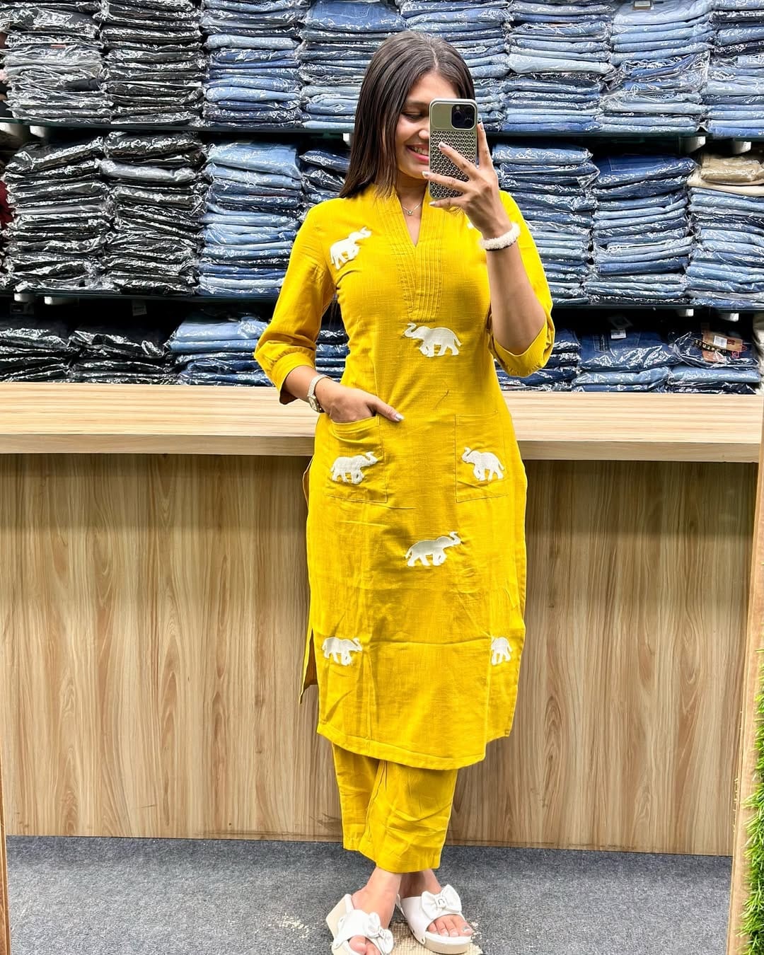 Yellow Elephant Embroidered Cotton Kurta Set Secondary image