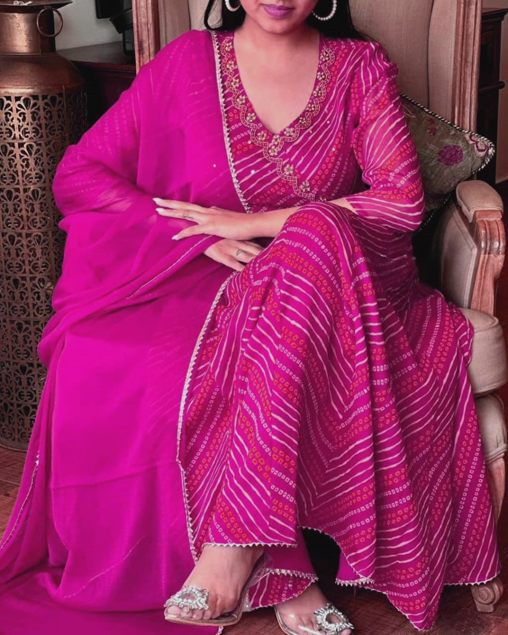 Pink Bandhej Zardozi Work Cotton Suit Set