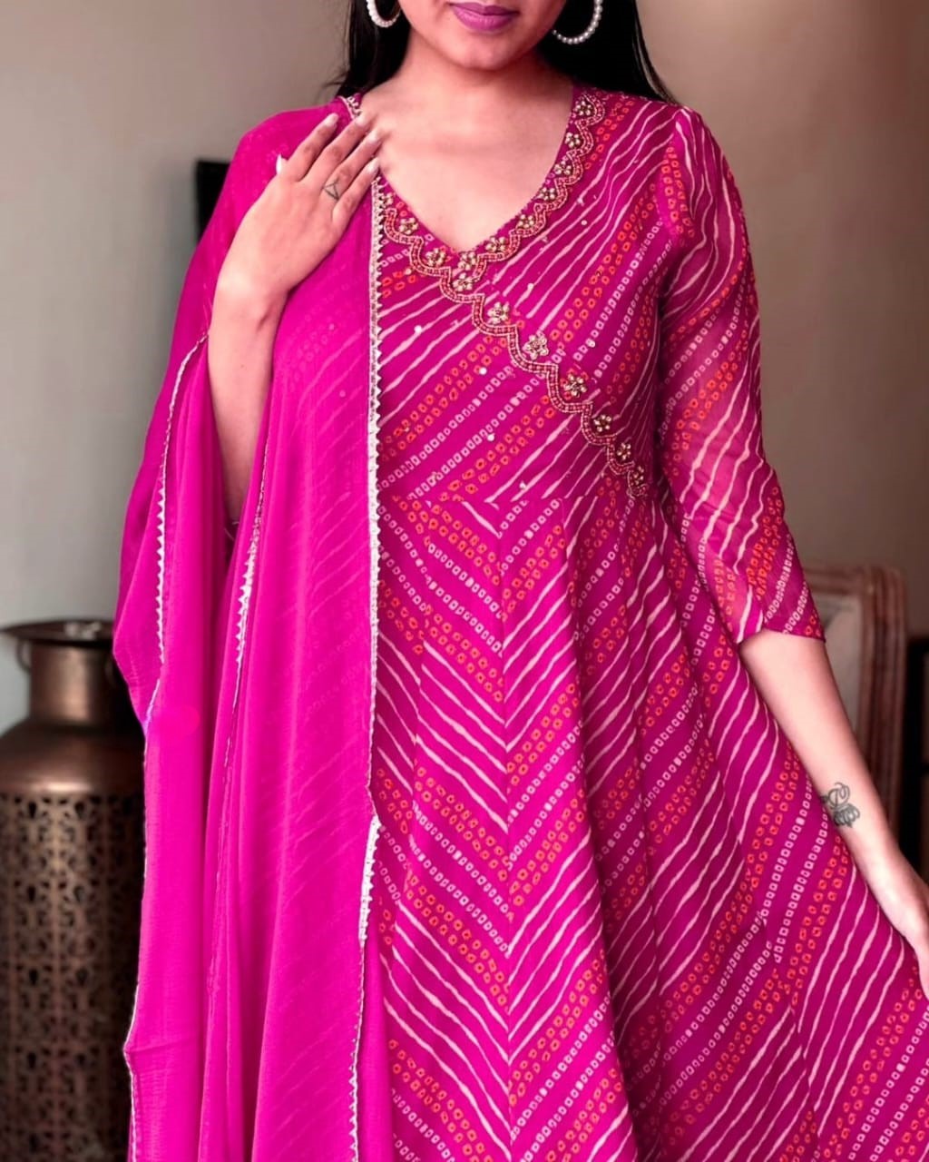 Pink Bandhej Zardozi Work Cotton Suit Set