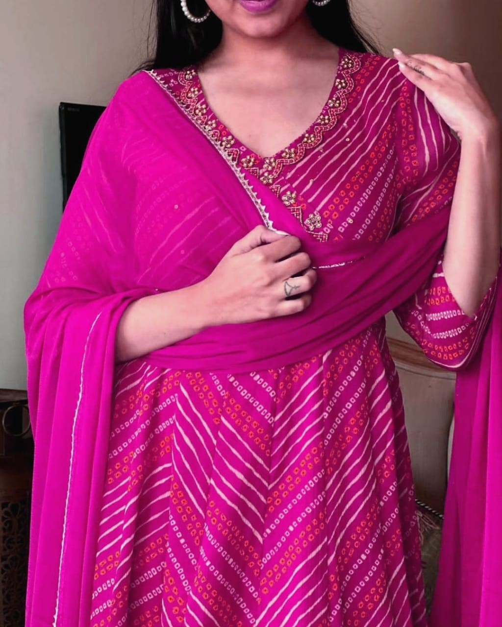 Pink Bandhej Zardozi Work Cotton Suit Set