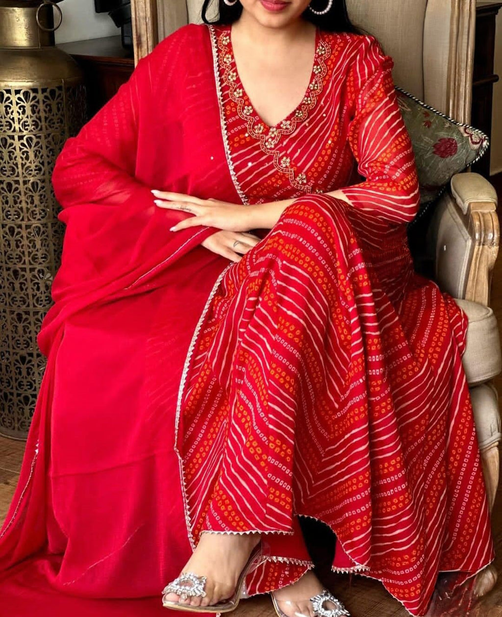 Red Bandhej Zardozi Work Cotton Suit Set