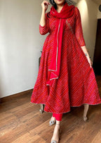 Red Bandhej Zardozi Work Cotton Suit Set