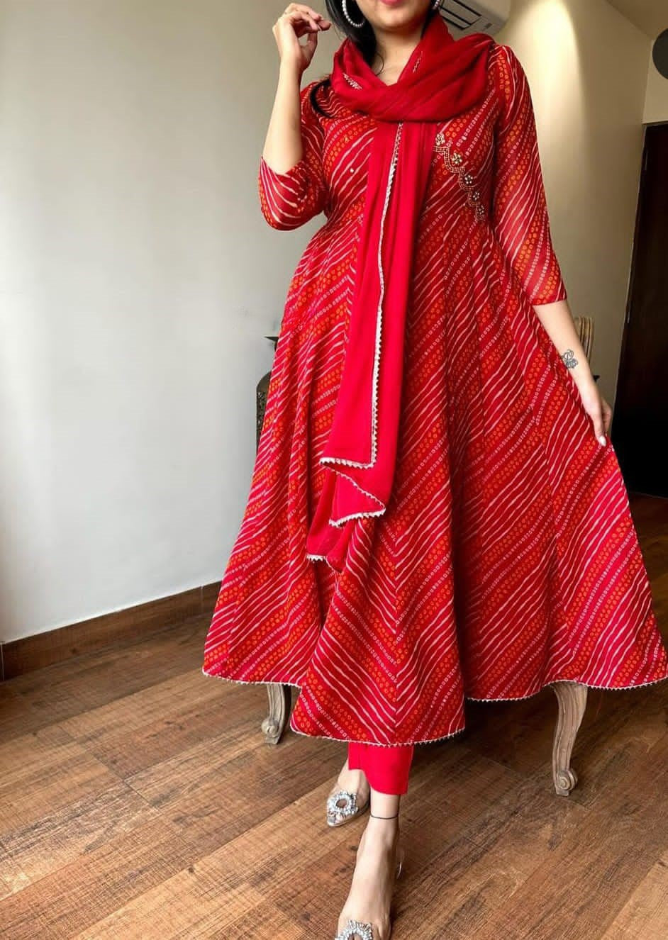 Red Bandhej Zardozi Work Cotton Suit Set