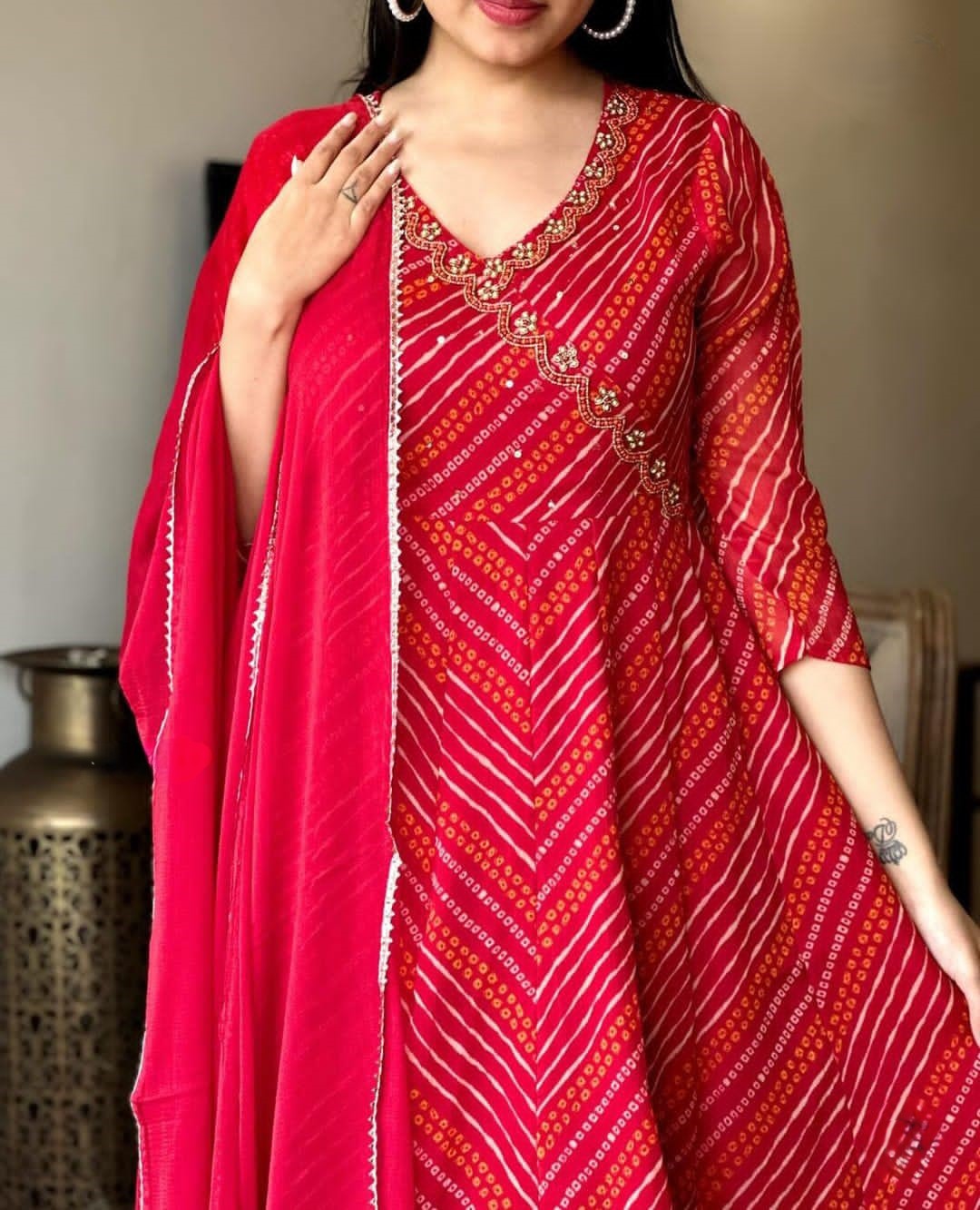 Red Bandhej Zardozi Work Cotton Suit Set
