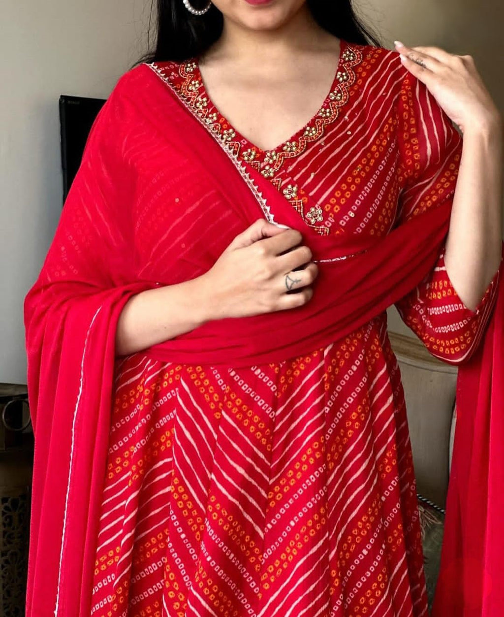 Red Bandhej Zardozi Work Cotton Suit Set