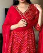 Red Bandhej Zardozi Work Cotton Suit Set