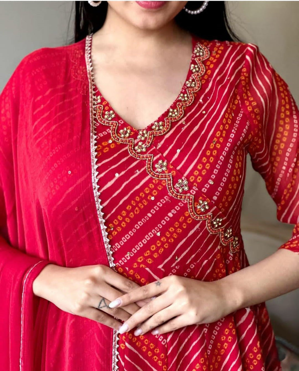 Red Bandhej Zardozi Work Cotton Suit Set