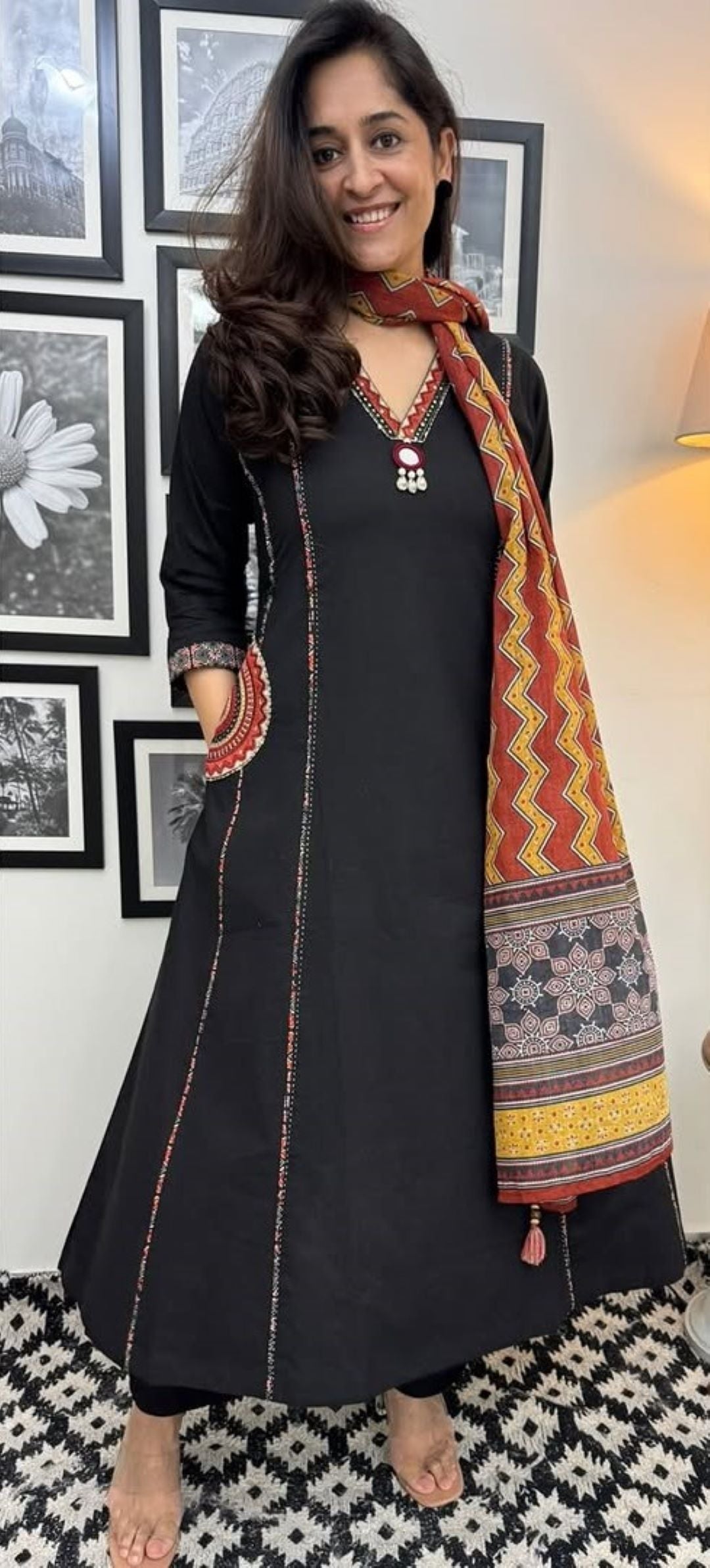Black Ajrakh Embroidered Cotton Suit Set Secondary image