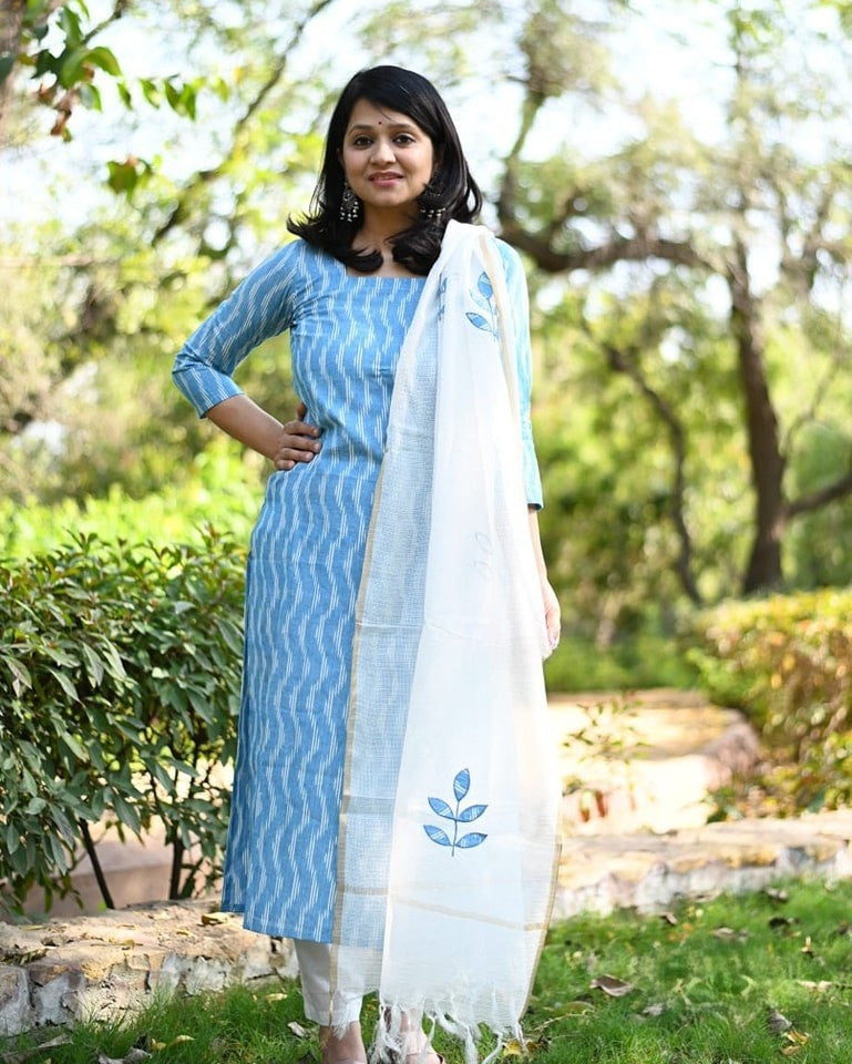 Blue & White Handloom Chanderi Cotton Suit Set Secondary image