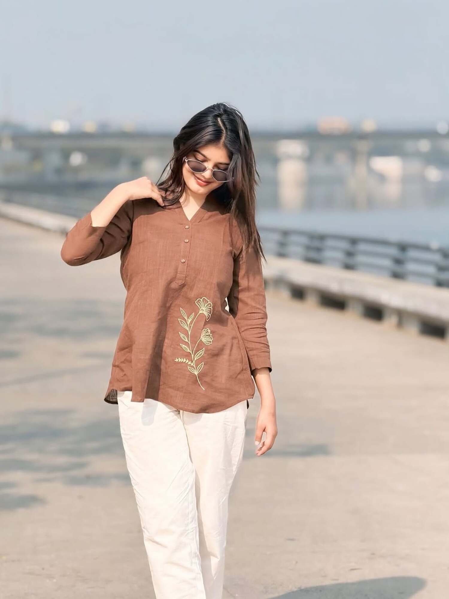 Taraash Brown & Ivory Embroidered Cotton Slub Co-ord Set Secondary image