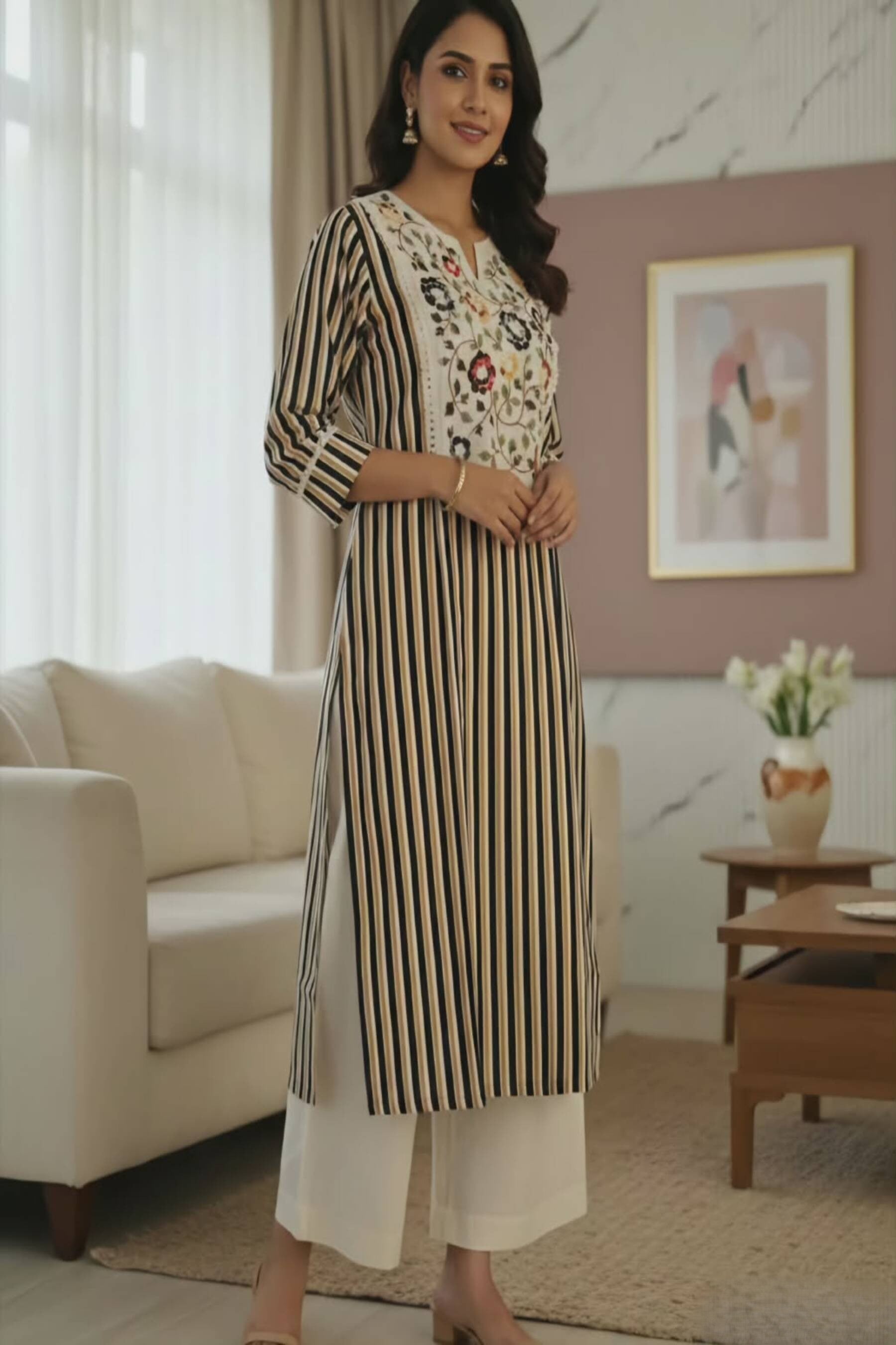 Taraash Cream & Black Floral Thread Embroidered Cotton Kurta Set Secondary image