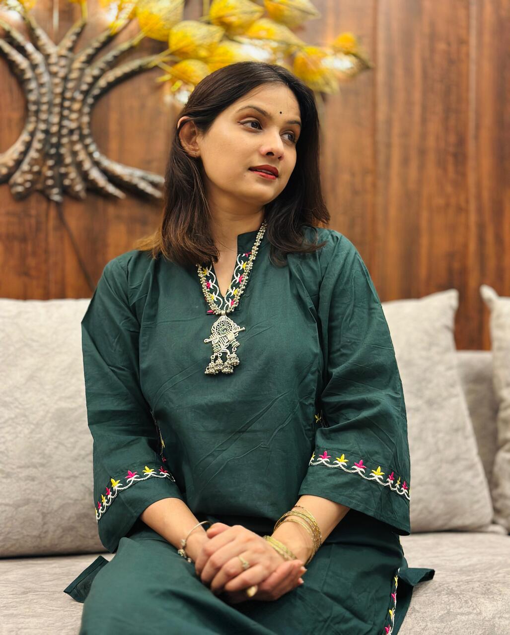 Taraash Dark Green Floral Embroidered Cotton Kurta Set