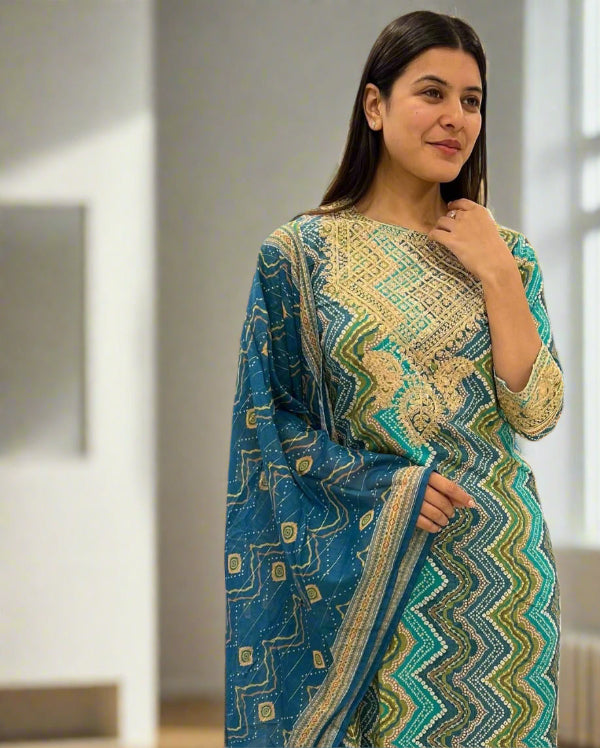 Green and Teal Blue Bandhej Lehariya Cotton Suit Set Secondary image