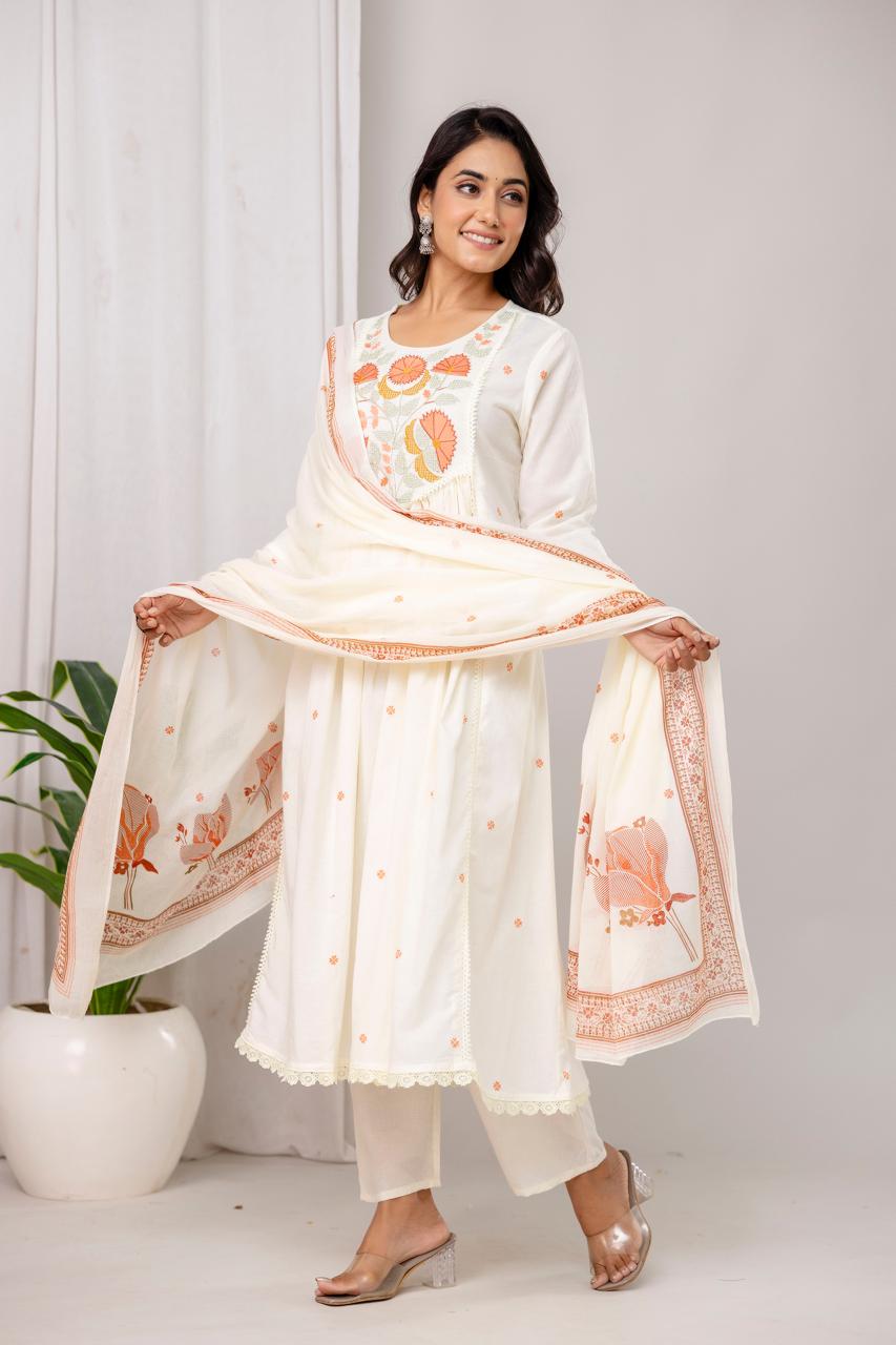 Ivory & Orange Floral Embroidered Anarkali Cotton Suit Set Secondary image
