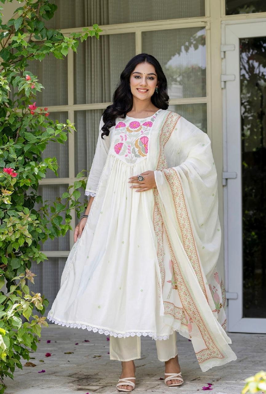 Ivory & Pink Floral Embroidered Anarkali Cotton Suit Set Secondary image
