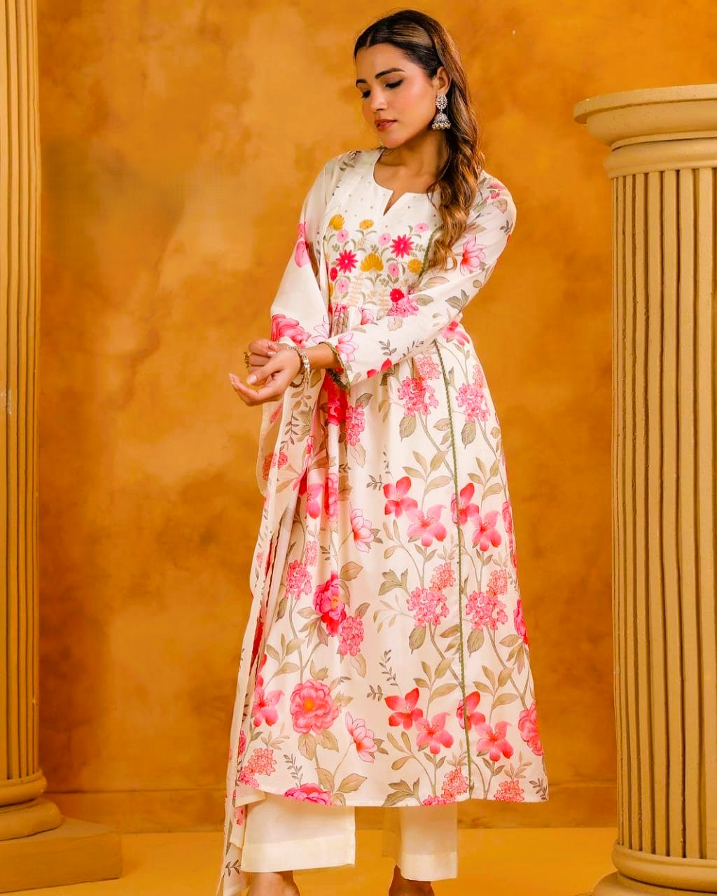 Taraash Ivory & Pink Floral Embroidered Anarkali Cotton Suit Set Secondary image
