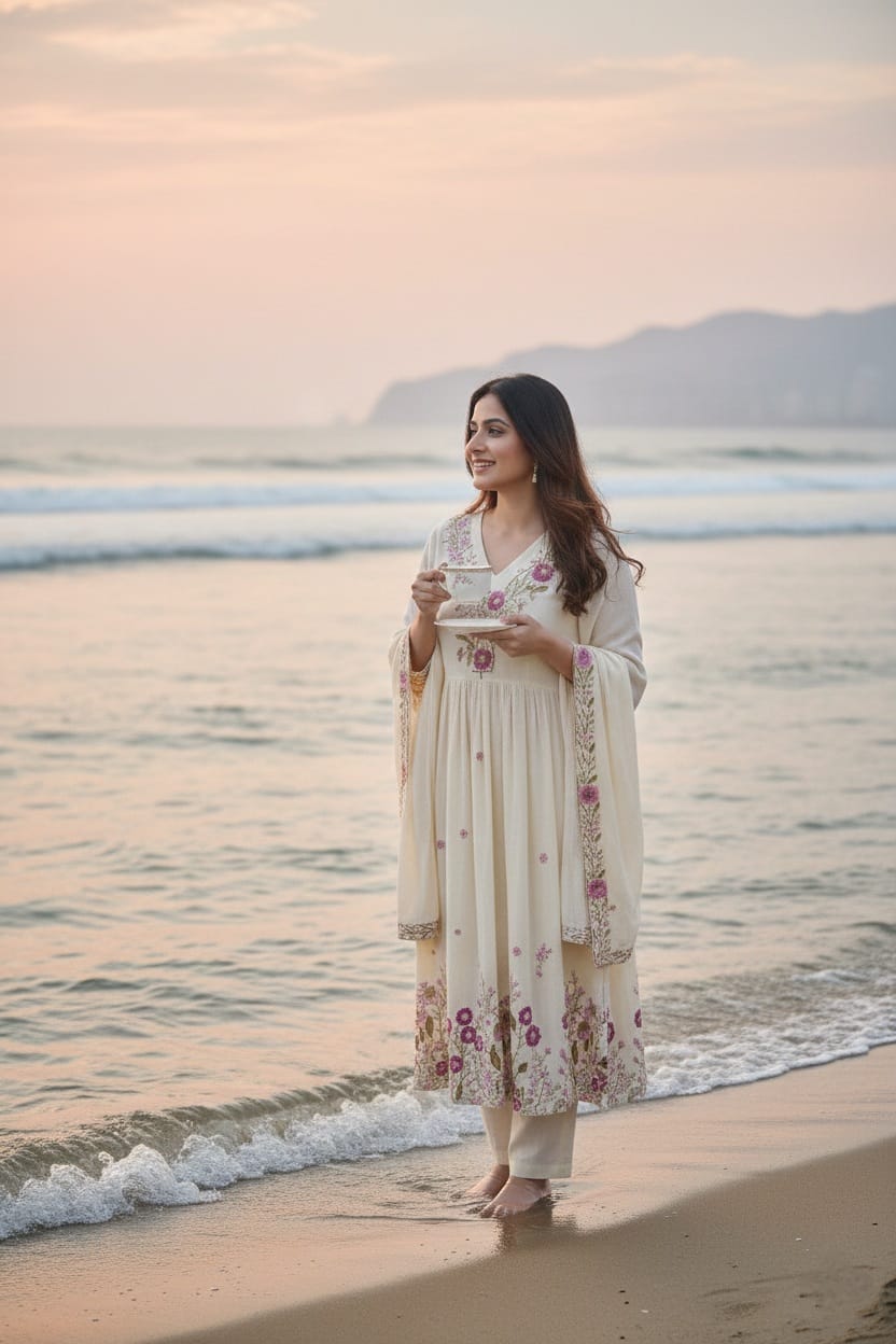 Taraash Ivory & Red Floral Embroidered Cotton A-line Suit Set Secondary image