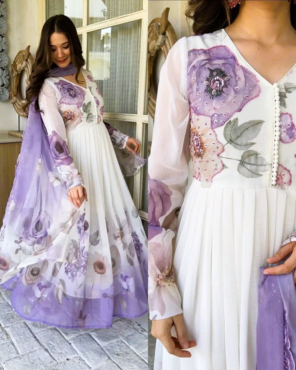 Taraash Lavender & Ivory Floral Sequin Work Chiffon Anarkali Suit Set Secondary image