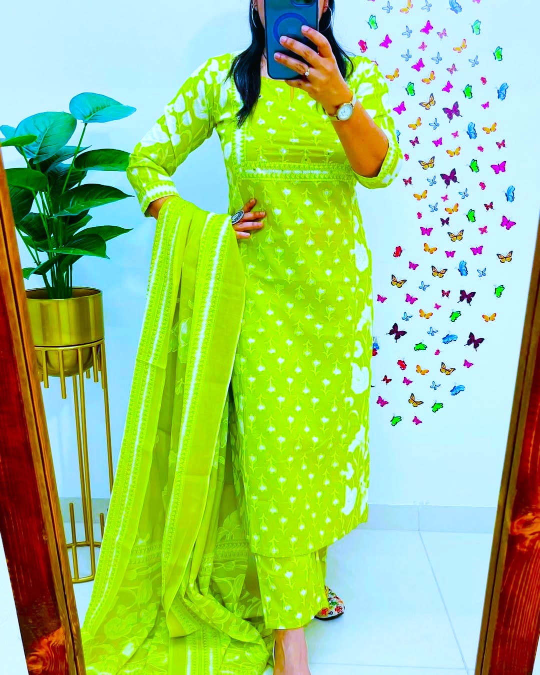 Lime Floral Printed Cotton Suit Set Secondary image