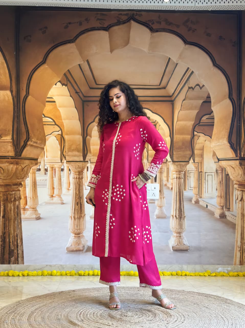 Taraash Magenta Bandhej Embroidered Foil Mirror Work Cotton Kurta Set Secondary image