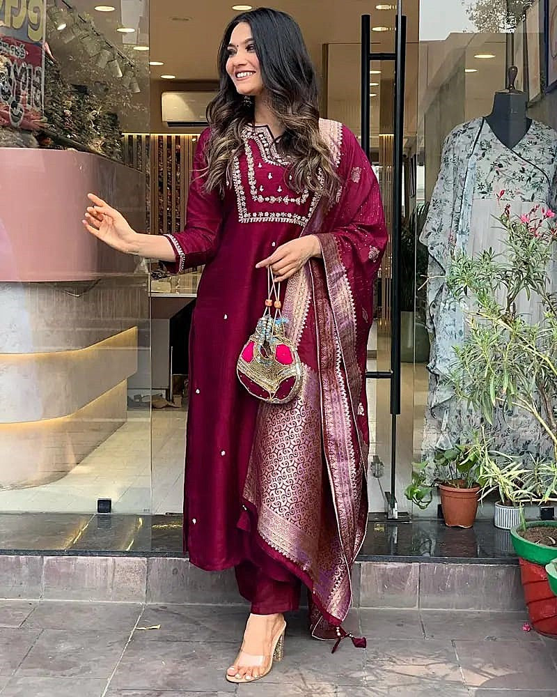 Maroon Sequins Handwork Embroidered Rayon Suit Set Secondary image