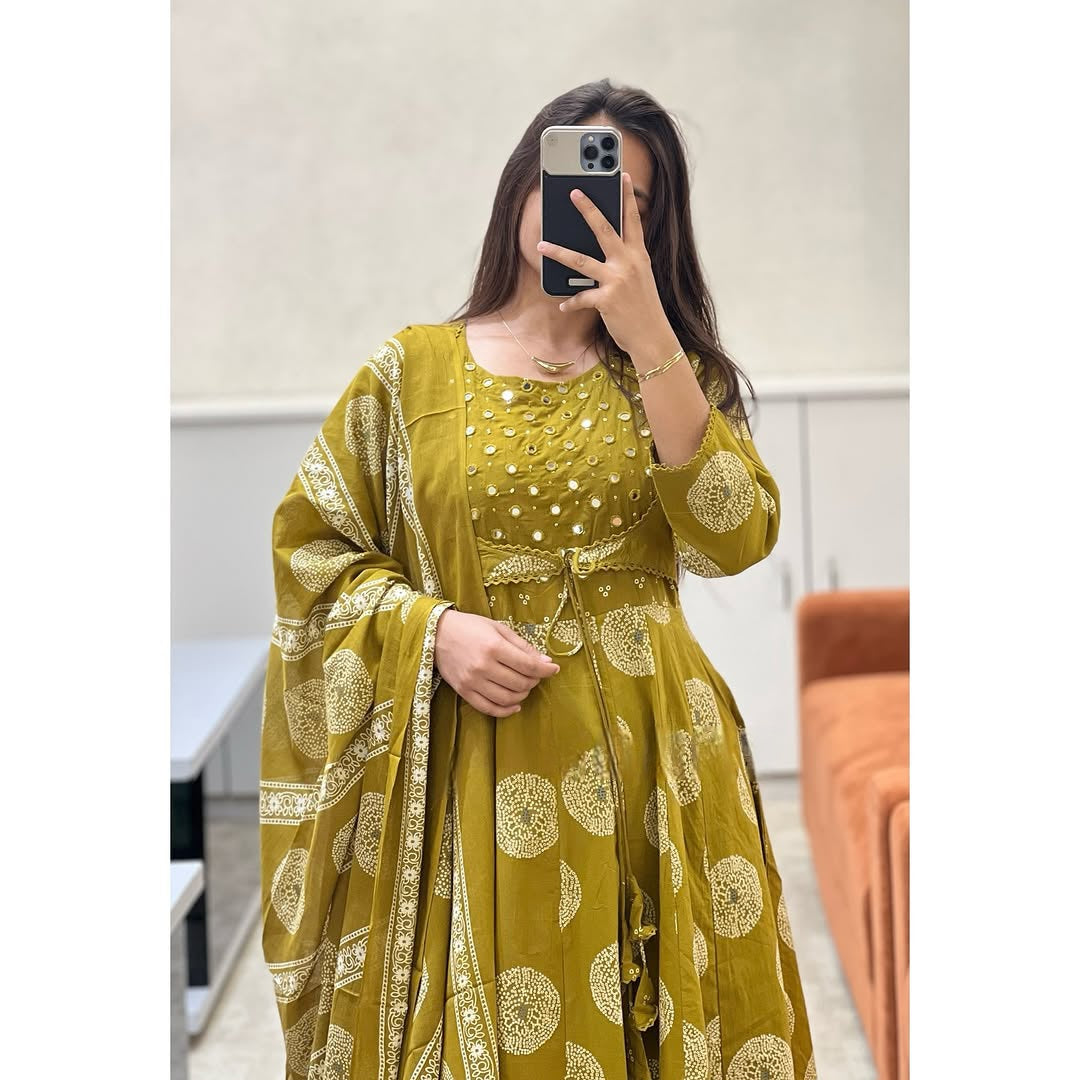Mustard Bandhej Mirror Work Embroidered Anarkali Cotton Suit Set Secondary image